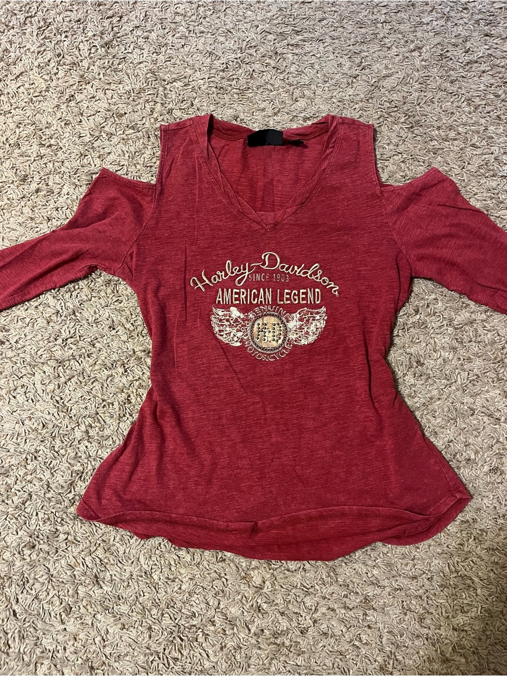 Harley-Davidson Women's Red Cold-Shoulder V-Neck Graphic Top